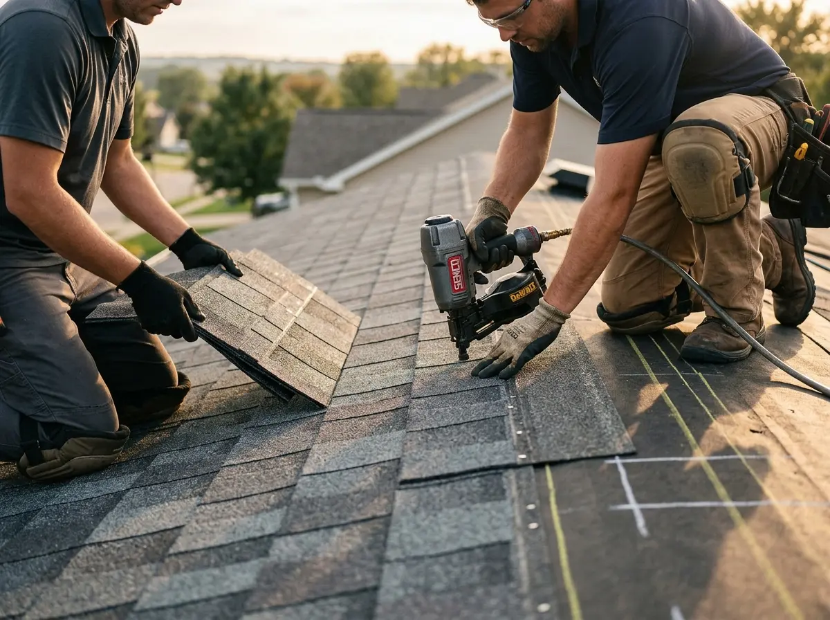 Professional roofer working on a residential roof in Summerlin South